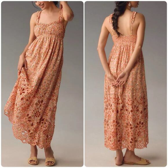 Anthropologie Dresses & Skirts - ANTHROPOLOGIE Babydoll Sweetheart Maxi Dress Floral Eyelet Cut Out Hem Sz XL NEW